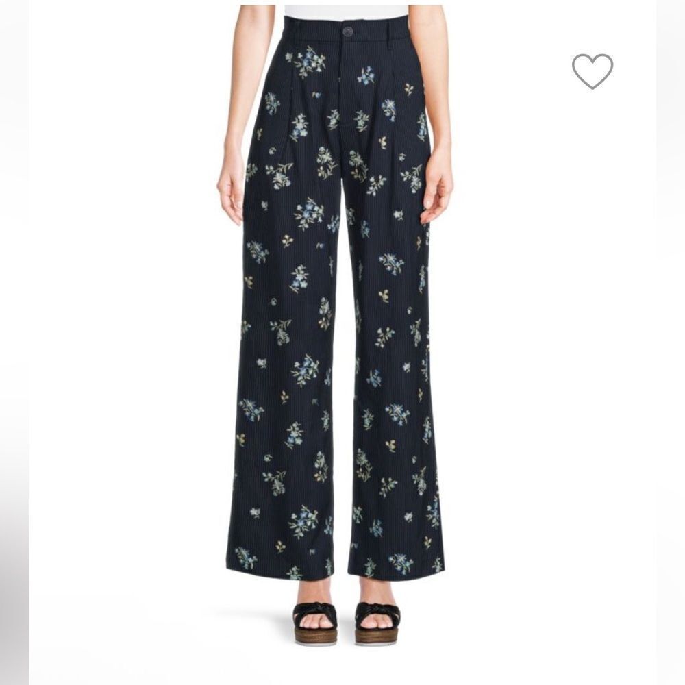 DRIFTWOOD Floral Embroidered Pleated Pants Black and Blue Wide Leg trousers XL